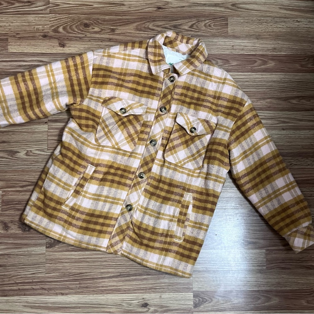aerie Plaid Sherpa Shacket in Mustard and Blush Tones